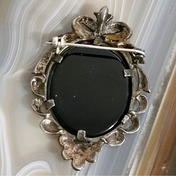 Sterling Silver 925 Cameo Brooch Pendant Mother Of Pearl Marcasite Onyx Vintage - Picture 5 of 7